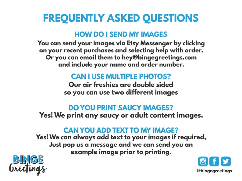 Peut inclure: Fond blanc avec du texte bleu. Le texte r&eacute;pond aux questions sur l'envoi d'images, l'utilisation de plusieurs photos, l'impression d'images os&eacute;es et l'ajout de texte. Le logo Binge Greetings est en bas &agrave; gauche.