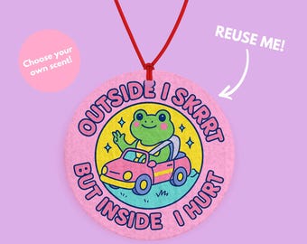 Outside I Skrrt Funny Frog Car air freshener - cute frog car accessories for girls - Girly car orniments - Funny Pink car hanging Kawaii Car