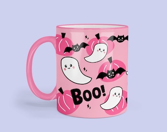 Pink Halloween Mug - Cute pink Halloween Cup - Spooky Pink Pumpkin Ghost and Bat Mug - Cute Autumn mug - Cute coffee mug