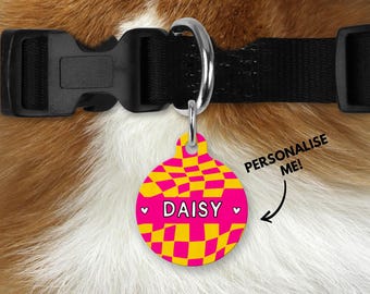 Personalised Pink checker board dog or cat ID Tag - Colourful Dog and cat name Tag - unique, Dog collar accessories - Cat ID Tag charm