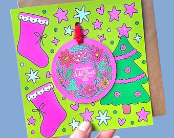 Personalised Bold and Bright Christmas card with Christmas tree ornament - XMAS card keepsake - Colourful  Card For Special Friends & Family