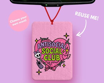 Anti Social club Car air freshener - Funny Pink and Girly Car accessories - Cute car interior - antisocial car mirror charm - Y2K car gift