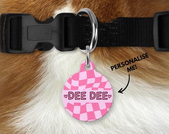Personalised Pink checker board Pet ID Tag - Cute Dog and cat name Tag - Pink, Alternative, Dog collar accessories - Cute Cat ID Tag charm
