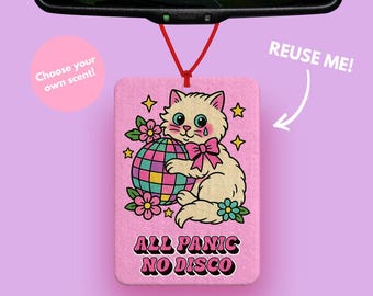 All panic no Disco Vintage cat car air freshener - Retro Pink Cat Car accessories for mirror - cat car decorations - Funny anxiety gift