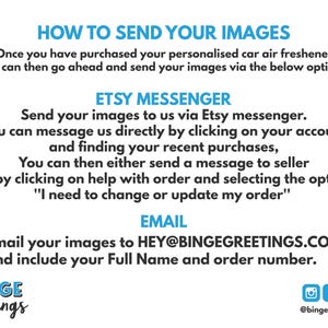 Peut inclure: Instructions bleues sur fond blanc pour envoyer des images via Etsy Messenger ou par e-mail. Le texte indique comment envoyer des photos pour des d&eacute;sodorisants personnalis&eacute;s. Le logo Binge Greetings est visible.