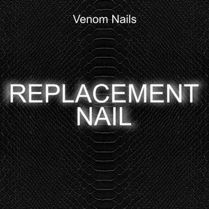 Puede incluir: Fondo negro con un patrón texturizado. Las palabras "Venom Nails" están en la parte superior, y las palabras "REPLACEMENT NAIL" están en blanco brillante, centradas en la imagen.