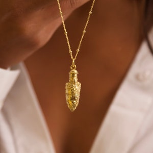 Siti Perfume Bottle Necklace, Aromatherapy Pendant, essential oil locket is 18k vermeil gold plated sterling silver