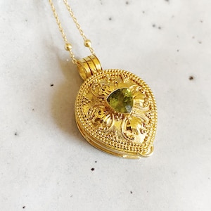 18k Gold Vermeil peridot teardrop wishing locket prayer box necklace pendant on 16/18inch chain with personal message or affirmation inside.