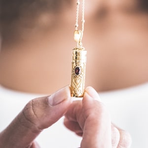 18k Gold Plated Sterling Silver Garnet wishing locket prayer box necklace pendant on 24 inch satellite chain with personal message or