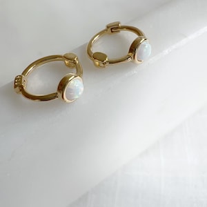 Small Huggie Opal Sleeper Hoops in 18k Gold Plated Sterling Silver