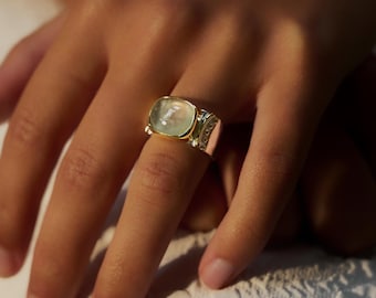 Latia Prehnite Sterling Silver and Gold Statement Ring