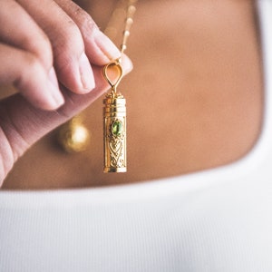 18k Gold Vermeil peridot wishing locket prayer box necklace pendant on 24 inch satellite chain with personal message or affirmation inside.