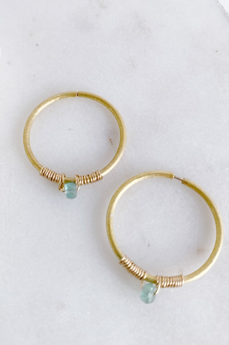 18k gold vermeil small bejewelled hoop earrings in a matte finish with beautiful emerald drops image 2