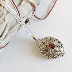 Sterling Silver Garnet Wishing Locket Necklace: Prayer Box Pendant