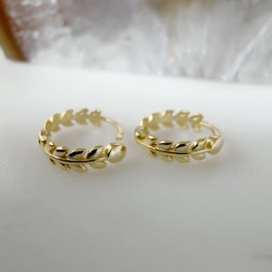 Può includere: Due orecchini a cerchio color oro. Ogni orecchino presenta un design a foglie lungo la curva esterna. Gli orecchini sono esposti su una superficie bianca, con uno sfondo sfocato.