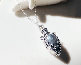 Jasmine Perfume Bottle Necklace Tiny Spoon Aromatherapy Pendant, essential oil locket is sterling silver