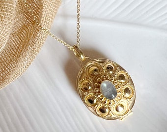 18k Gold Plated Sterling Silver Oval Labradorite Dot Design Secret Message Wishing Locket Necklace