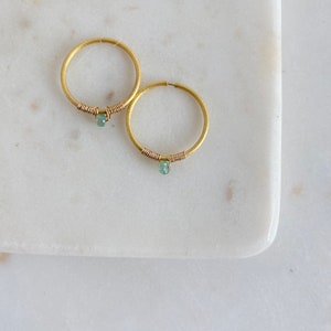 18k gold vermeil small bejewelled hoop earrings in a matte finish with beautiful emerald drops image 4