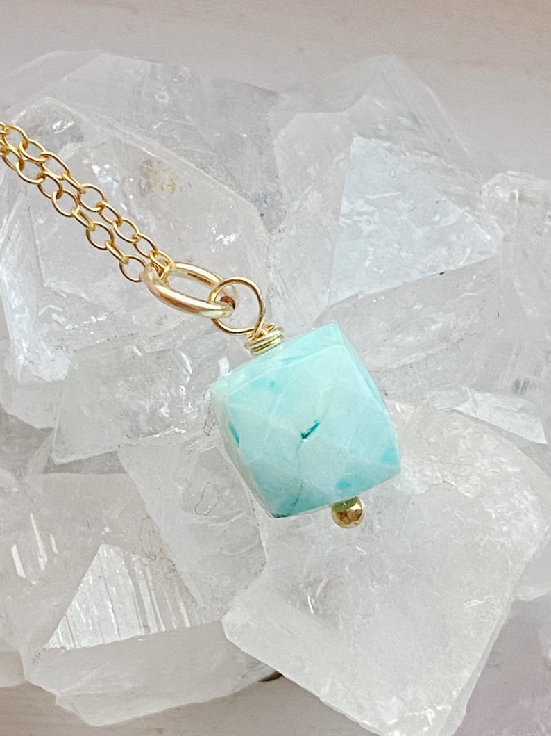 Peruvian Blue Opal Cube Pendant necklace on an 18k Gold Vermeil 1618inch trace chain
