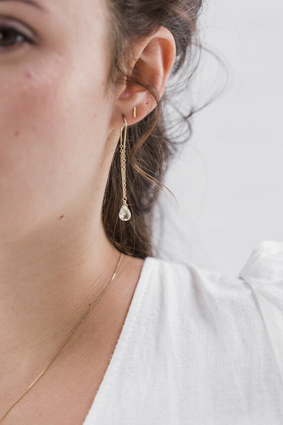 Guardian Clear Quartz Threader Earrings With Stones Inlaid With 22k Gold Flakes. 18k Gold Plated Sterling Silver threader