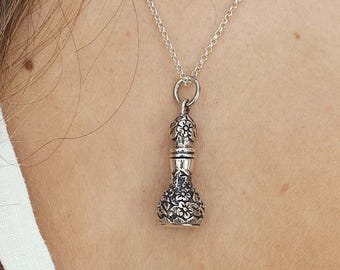 Bouquet Perfume Bottle Necklace Tiny Spoon Aromatherapy Pendant, essential oil locket in Sterling Silver