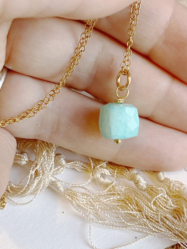 Peruvian Blue Opal Cube Pendant necklace on an 18k Gold Vermeil 1618inch trace chain