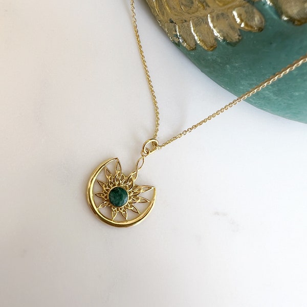 Emerald Flower Necklace   - Gold Plated Sterling Silver