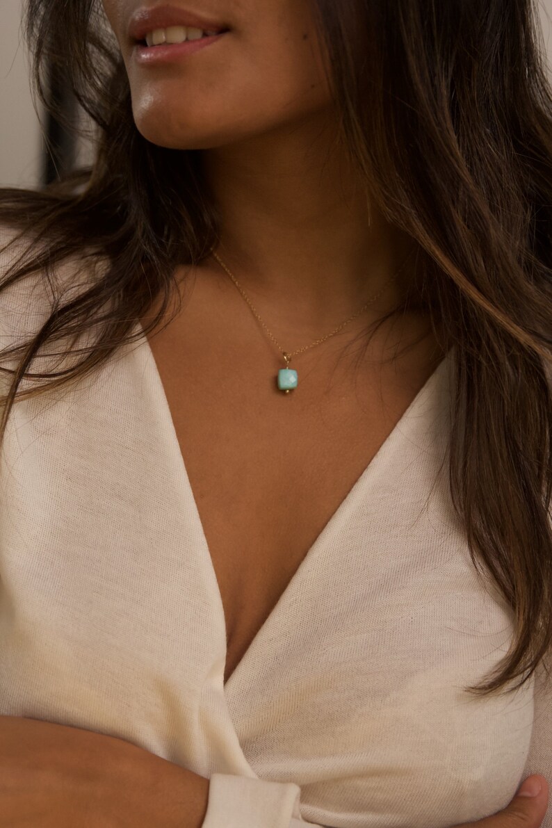 Peruvian Blue Opal Cube Pendant necklace on an 18k Gold Vermeil 1618inch trace chain