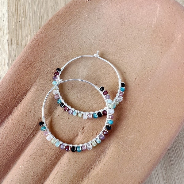 Sterling Silver hoop earrings adorned with wire wrapped gemstones - Amazonite, Amethyst, Black agate, Blue Apatite, Garnet