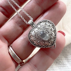 Sterling Silver Moonstone Heart Secret Message Wishing Locket Necklace