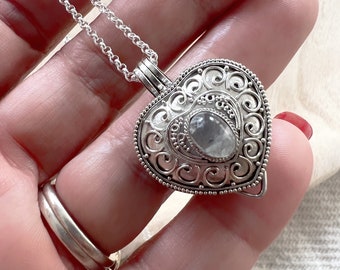 Sterling Silver Moonstone Heart Secret Message Wishing Locket Necklace