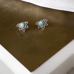 Può includere: Un paio di orecchini d'argento con una pietra turchese al centro di ogni orecchino. Gli orecchini hanno la forma di un fiore a cinque petali.