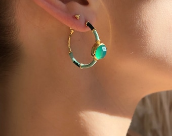 Green Onyx 18k gold vermeil large statement hooped studs