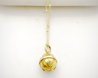18k Gold Vermeil Mini Harmony Chiming Ball Angel Caller on a 16/18 inch satellite chain Filigree design