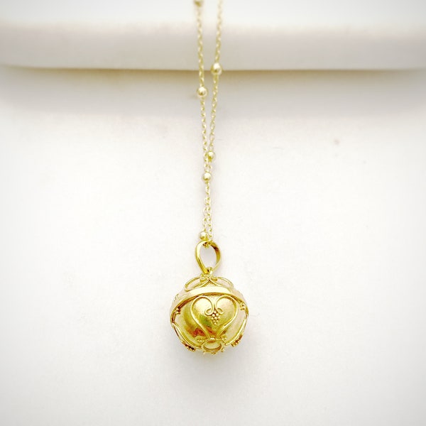 18k Gold Vermeil Mini Harmony Chiming Ball Angel Caller on a 16/18 inch satellite chain Filigree design