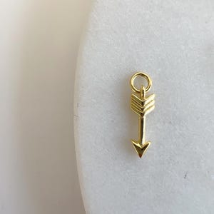 May include: A gold arrow charm with a simple design. The arrow is pointing to the right and has a loop at the top for attaching to a necklace or bracelet.