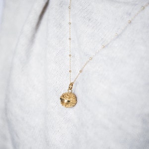May include: A gold necklace with a round, textured pendant. The necklace is on a white fuzzy sweater.