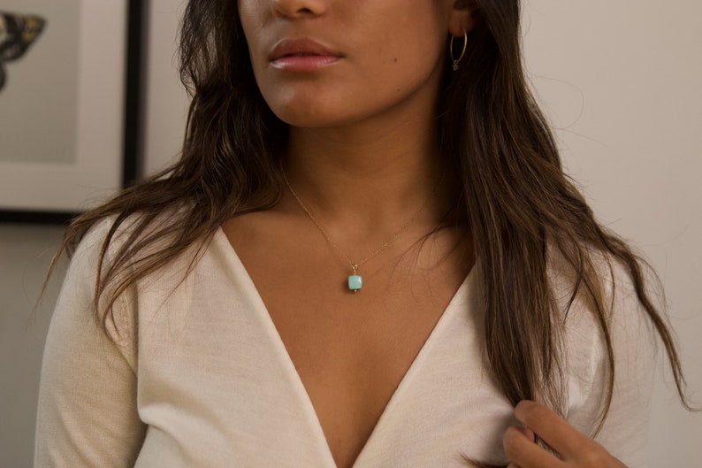 Peruvian Blue Opal Cube Pendant necklace on an 18k Gold Vermeil 1618inch trace chain