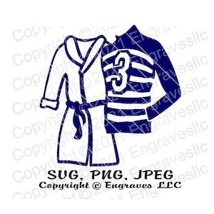 May include: A blue and white striped jersey with the number "3" on the front, combined with a white bathrobe. The image includes the text "SUG, PNG, JPEG Copyright © Engraves LLC".