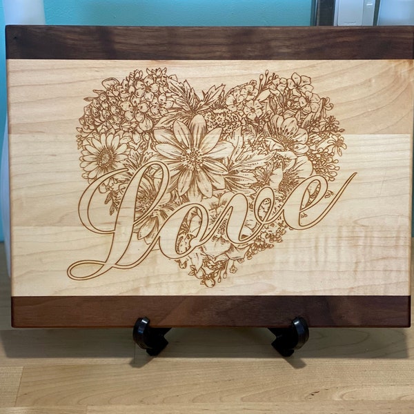 Love cutting board, cherry or maple with walnut trim 12x9 cutting board, anniversary gift, Housewarming, Wedding, Bridal shower