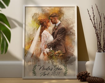 Custom Watercolor Couple Portrait: Personalized Wedding Anniversary Canvas Art