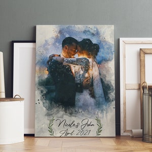 Wedding Canvas Painting, 1st Anniversary Painting Gift For Him Her, Husband Wife Sketch, Digital Painting, Couple Love Illustration Wall Art