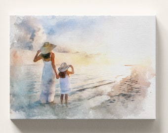 Mother's Day Gift Custom Watercolor Portrait From Photo Personalized Water Color Portrait For Mother and Daughter Gift Canvas Wall Art
