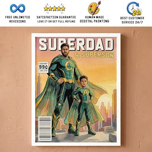 May include: A framed comic book-style print titled "SUPERDAD & SUPERSON." The artwork features a father and son dressed as superheroes in green and gold costumes, standing in front of a cityscape. The print includes text such as "ISSUE #37" and "JUNE 2026."