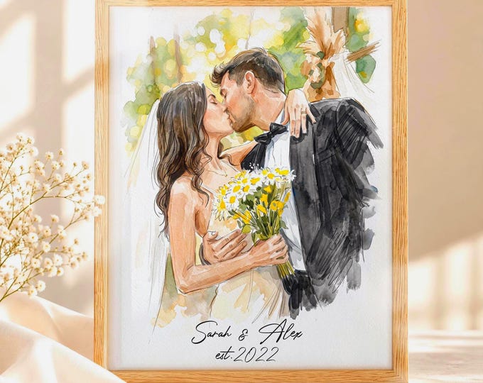 Watercolor Couple Portrait from Photo, Custom Wedding Anniversary Engagement Painting Gift for Wife/Husband