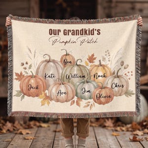 Personalized Grandkids Pumpkin Patch Woven Blanket, Custom Grandma Fall Throw
