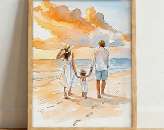 May include: A framed watercolor painting depicting a family of three walking along a sandy beach at sunset. The figures include two adults and a child, all wearing hats, with orange and yellow clouds above the blue ocean horizon line.