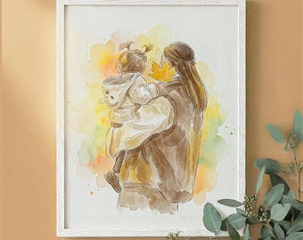 May include: Watercolor painting in a white frame depicts a mother holding a child, both in neutral-toned clothing. The child holds a yellow leaf. The background features a watercolor wash of yellow, orange, and green.