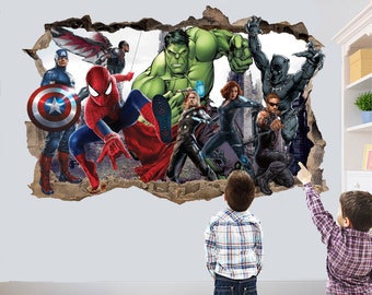 Super-héros Avengers personnages Hulk Spiderman autocollant Mural Art 3D effet affiche murale décalcomanie chambre bureau pépinière décor ID723