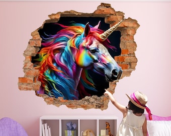 Pegatina de pared de unicornio de colores del arco iris, póster artístico 3D, calcomanía de transferencia, impresión para habitación de niñas, hogar, guardería, oficina, tienda, decoración ID765